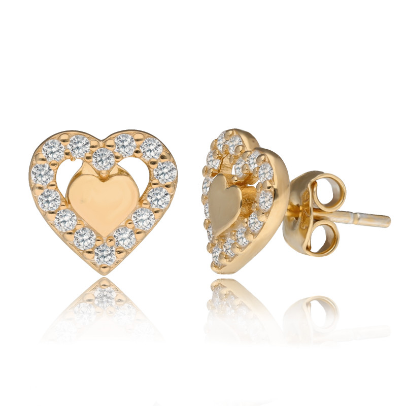 SREBRNE POZŁACANE KOLCZYKI SERDUSZKA Z CYRKONIAMI