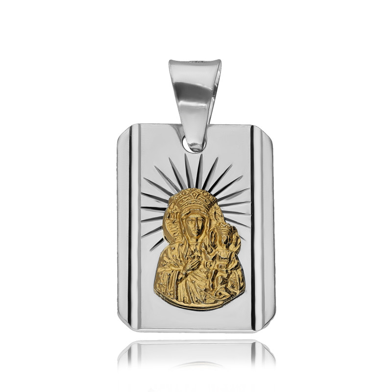 SREBRNY POZŁACANY MEDALIK MATKA BOSKA CZĘSTOCHOWSKA DIAMENTOWANY