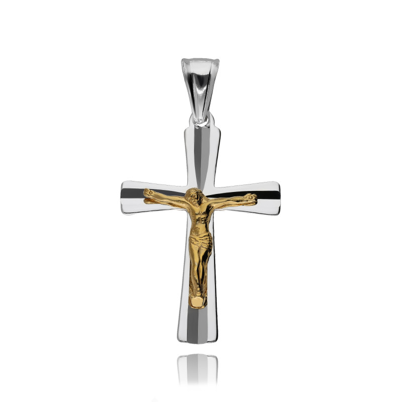 SREBRNY POZŁACANY KRZYŻYK Z JEZUSEM CHRYSTUSEM DIAMENTOWANY