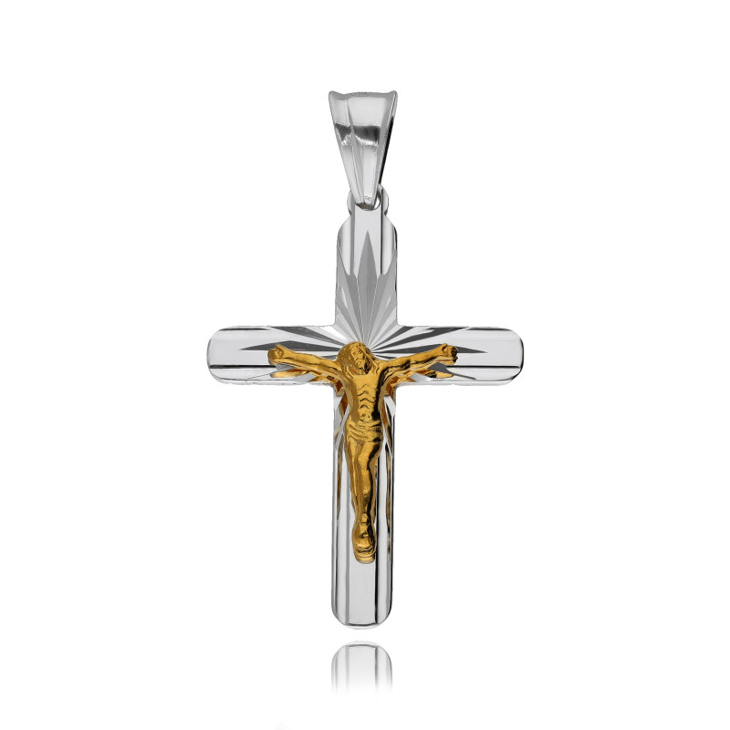SREBRNY POZŁACANY KRZYŻYK Z JEZUSEM CHRYSTUSEM DIAMENTOWANY