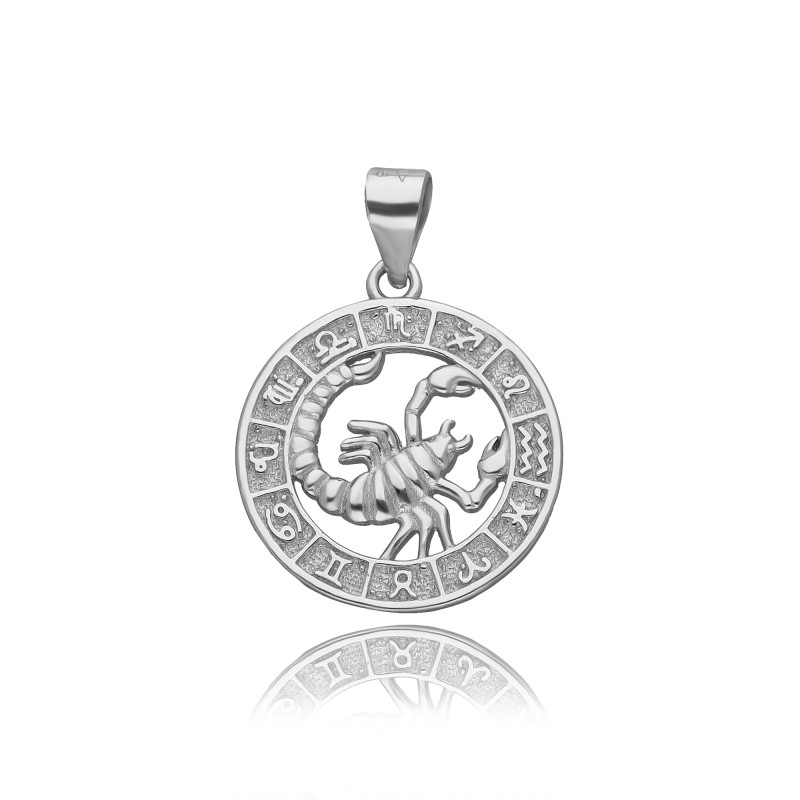 SREBRNA OKRĄGŁA ZAWIESZKA SKORPION ZNAK ZODIAKU RODOWANA