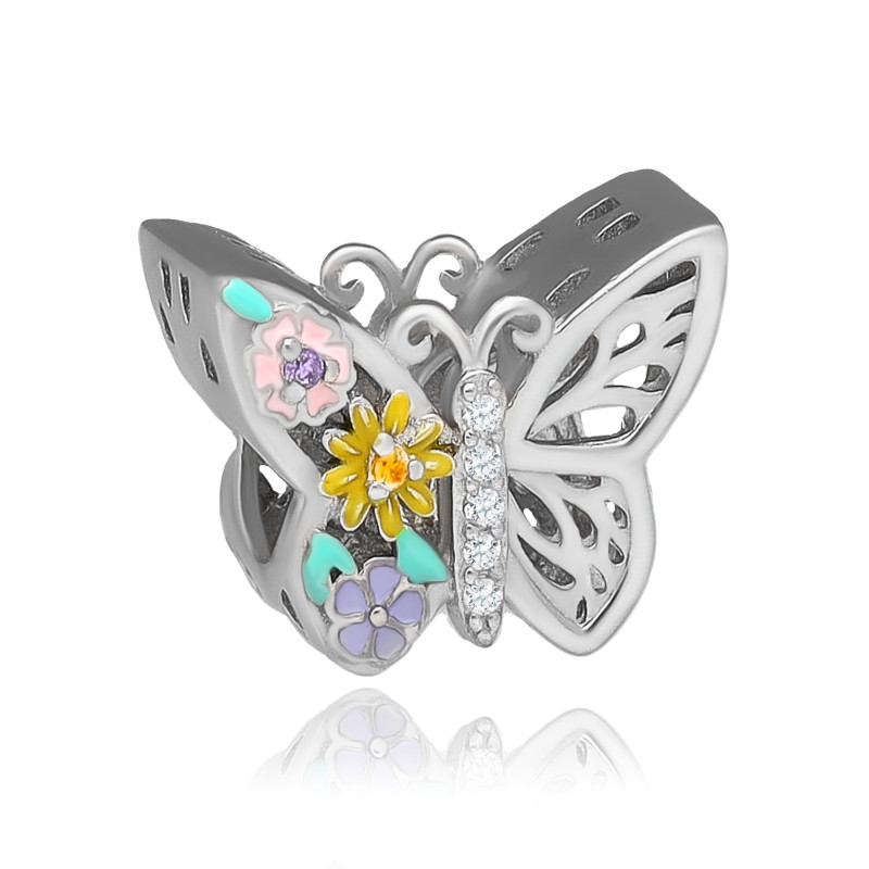 SREBRNA ZAWIESZKA BEADS CHARMS EMALIOWANY MOTYL Z CYRKONIAMI