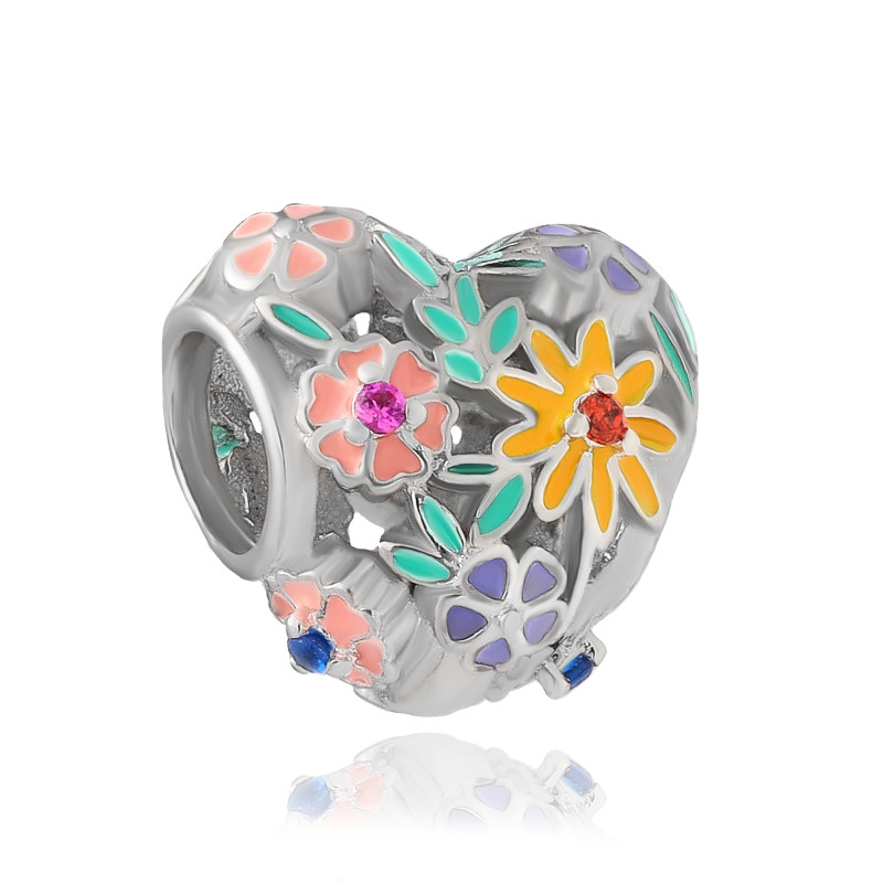 SREBRNA ZAWIESZKA BEADS CHARMS AŻUROWE SERCE W KAWIATY Z CYRKONIAMI