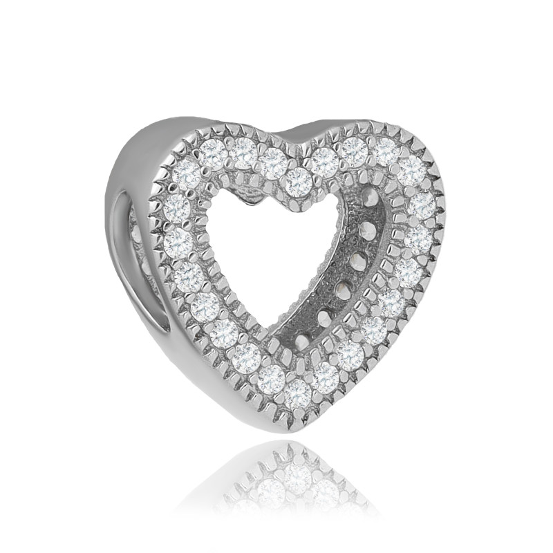 SREBRNA ZAWIESZKA BEADS CHARMS SERCE Z CYRKONIAMI