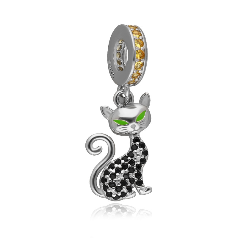SREBRNA ZAWIESZKA BEADS CHARMS KOT KOTEK Z CYRKONIAMI