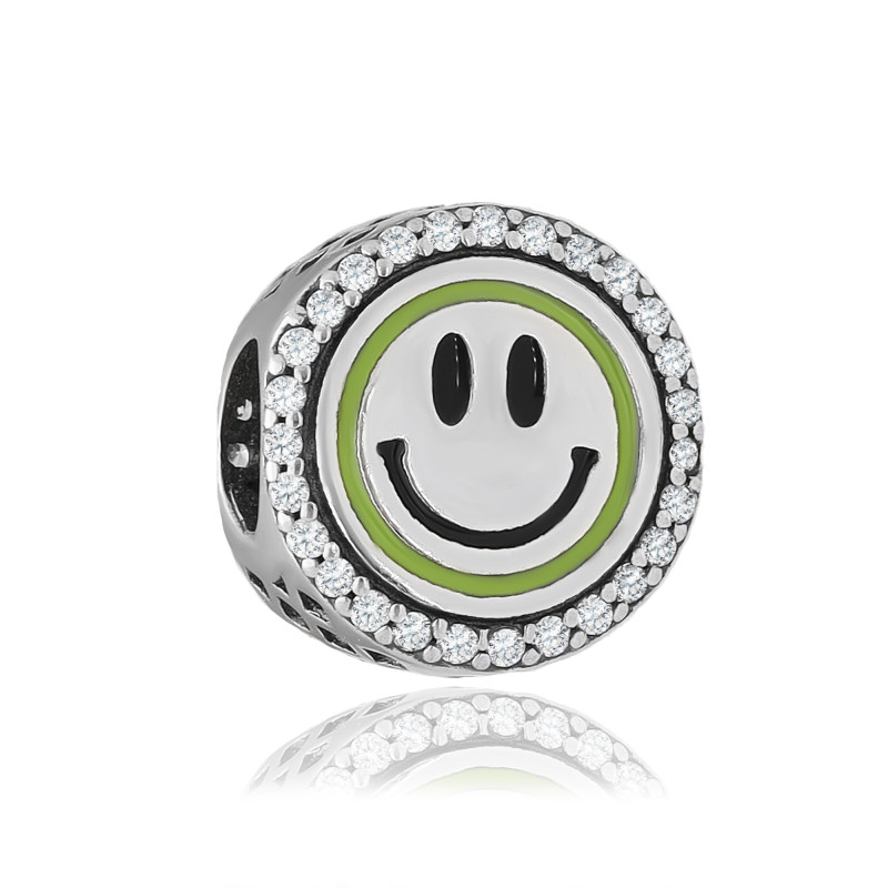 SREBRNA ZAWIESZKA BEADS CHARMS UŚMIECHNIĘTA BUZIA Z CYRKONIAMI OKSYDOWANA