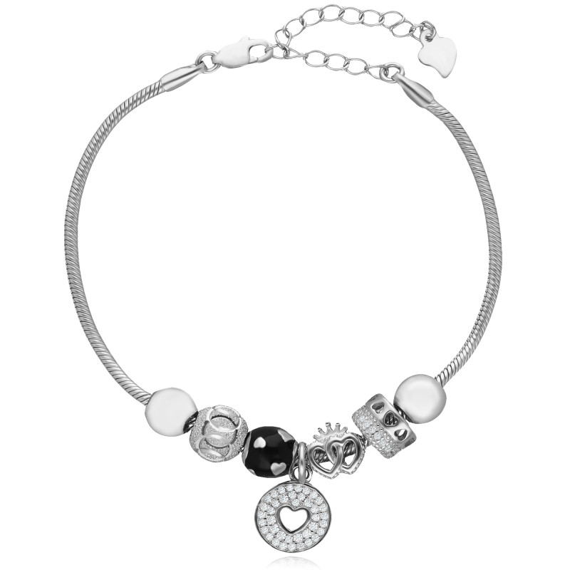 BRANSOLETKA SREBRNA MODUŁOWA CHARMS BEADS KORONA SERCE