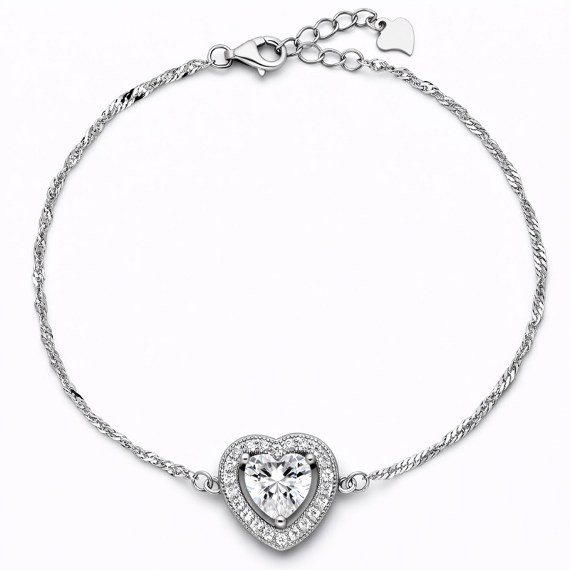 SREBRNA BRANSOLETKA SINGAPUR SERCE Z CYRKONIAMI RODOWANA