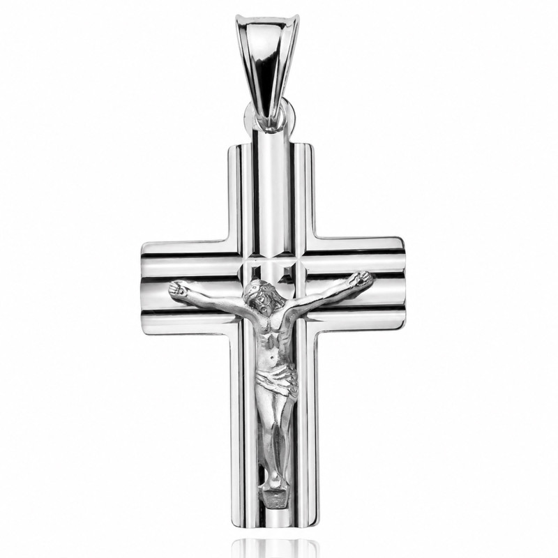 SREBRNY DUŻY KRZYŻYK DIAMENTOWANY JEZUS UKRZYŻOWANY
