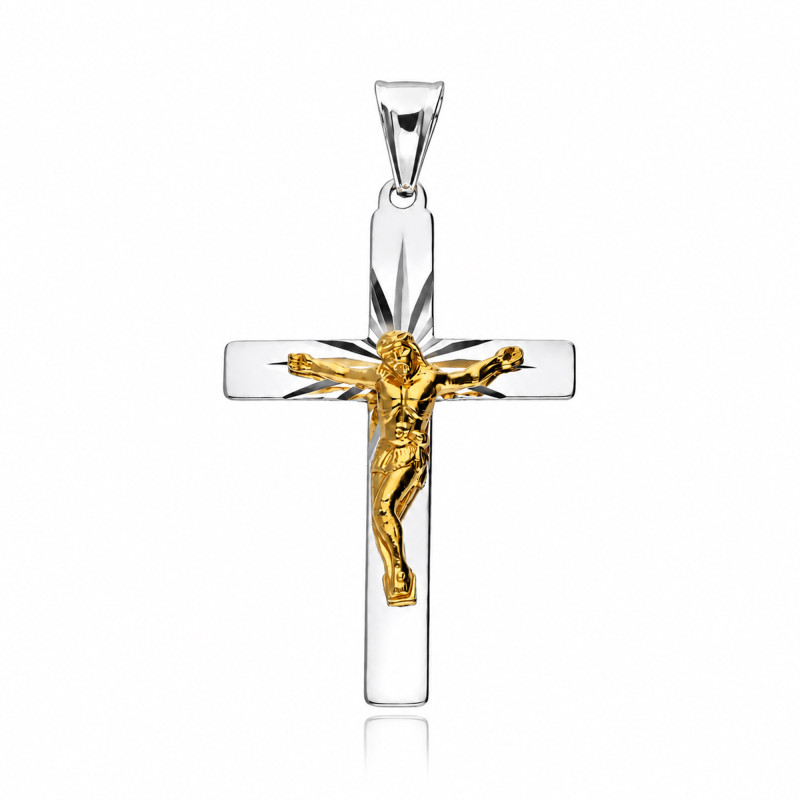 SREBRNY POZŁACANY DUŻY KRZYŻYK Z JEZUSEM CHRYSTUSEM DIAMENTOWANY