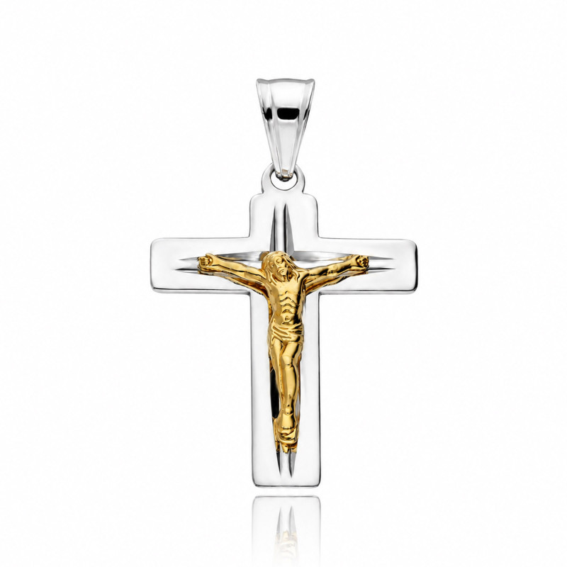 SREBRNY POZŁACANY KRZYŻYK Z JEZUSEM CHRYSTUSEM DIAMENTOWANY