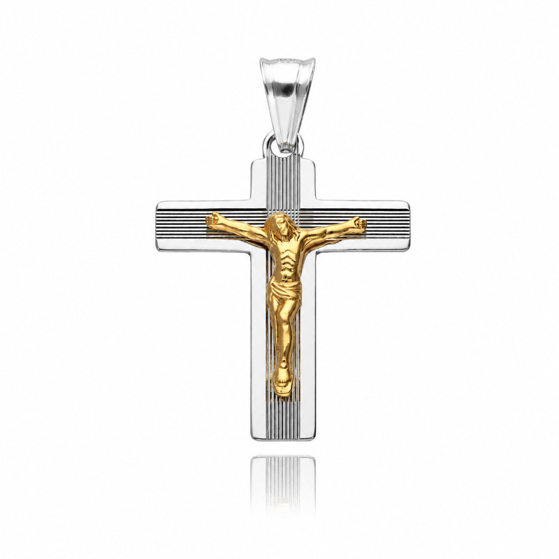SREBRNY POZŁACANY KRZYŻYK Z JEZUSEM CHRYSTUSEM DIAMENTOWANY
