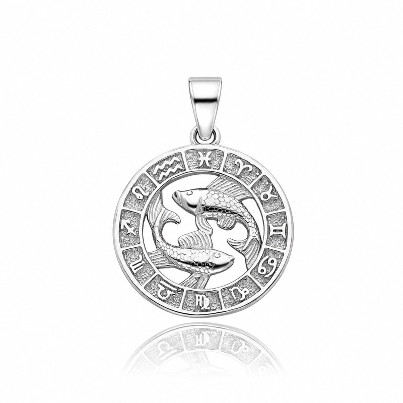 SREBRNA OKRĄGŁA ZAWIESZKA RYBY ZNAK ZODIAKU RODOWANA