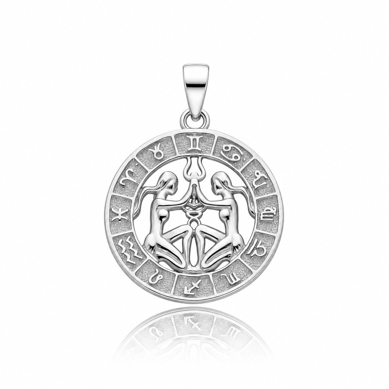 SREBRNA OKRĄGŁA ZAWIESZKA BLIŹNIĘTA ZNAK ZODIAKU RODOWANA