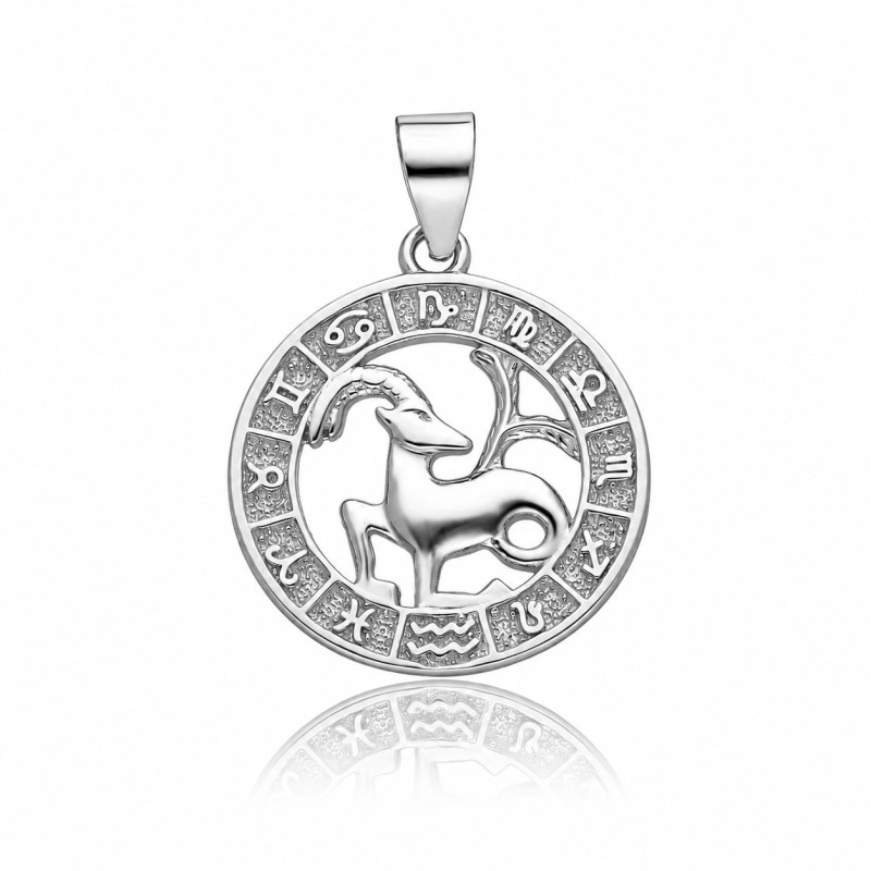 SREBRNA OKRĄGŁA ZAWIESZKA KOZIOROŻEC ZNAK ZODIAKU RODOWANA